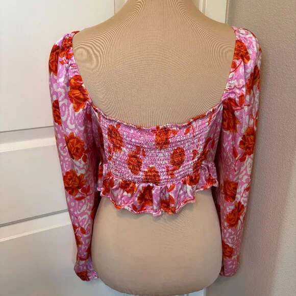 Topshop Rose Animal Print Satin Long Sleeve Crop Top Pink Red Size 8 #187 - Picture 5 of 11